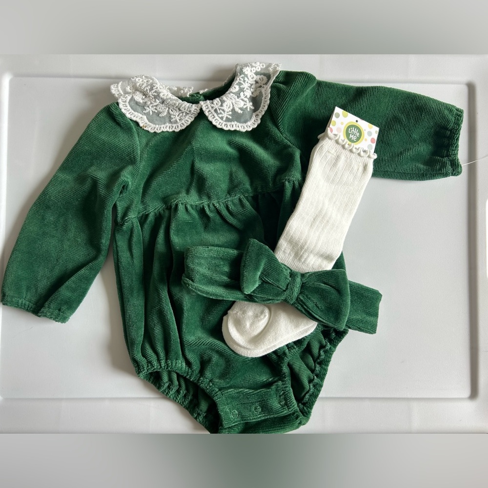 NWOT Little Me 3-Piece Velour Bubble Romper Set